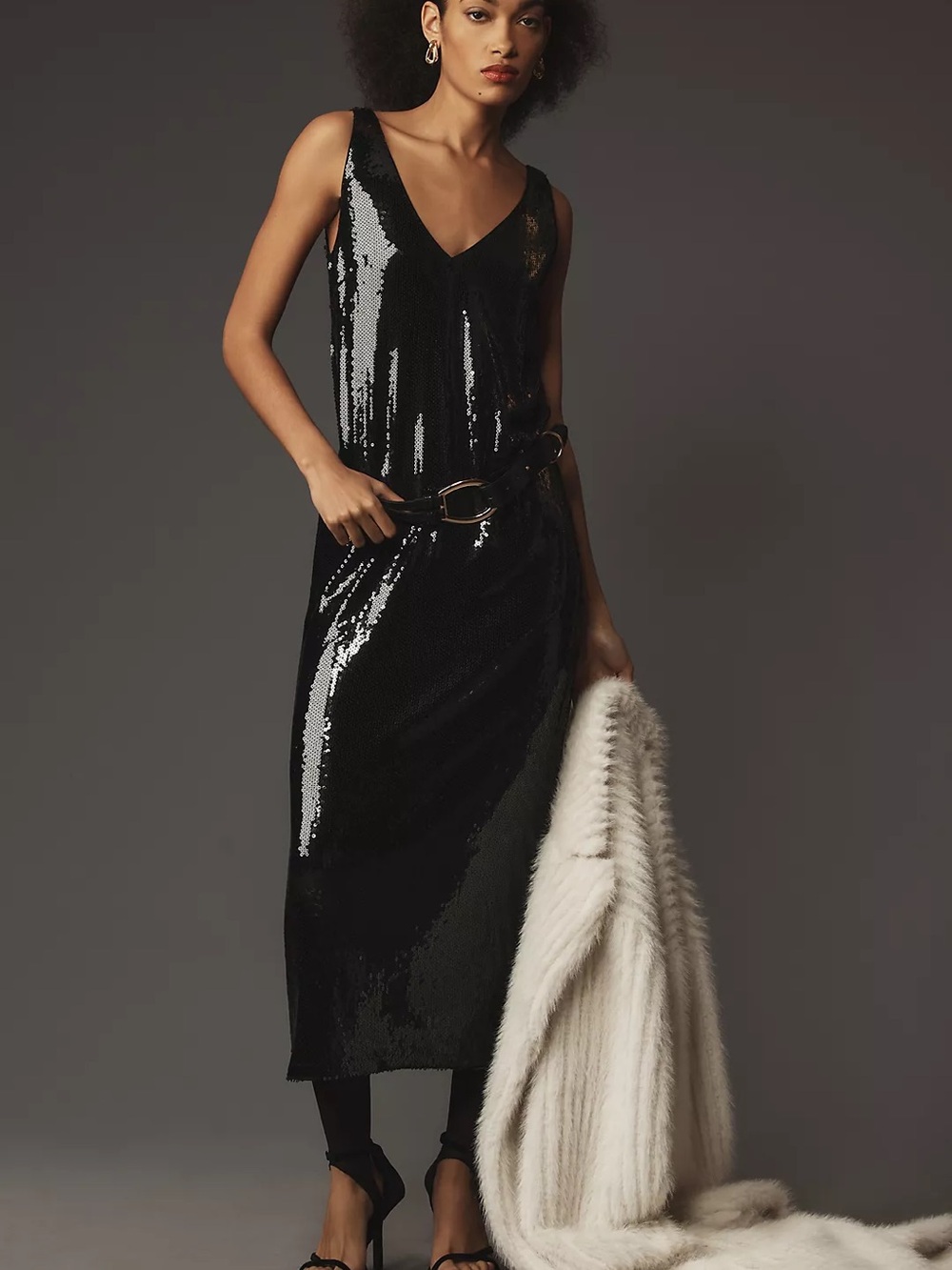 Anthropologie Sophie Rue Black Sequin V-Neck Maxi Dress